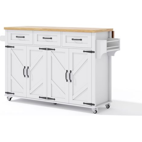Îlot de cuisine avec plateau rabattable, équipé de 5 roulettes verrouillables, 4 portes, 3 tiroirs, porte-serviettes double face, design style grange, blanc, 140x43(70)x90.5 cm. (1/5)