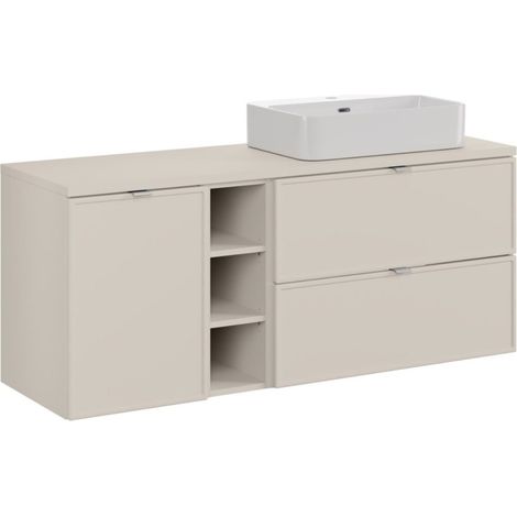 Set BRAZZA: mobile sottolavabo 140cm con nicchie visibili e cesto per la biancheria integrato + piano per lavabo + lavabo da appoggio