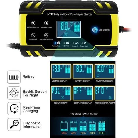 Chargeur Batterie Voiture Moto 12V-24V avec Protections Multiples Type de Réparation pour Voiture-Moto-Tondeuse à Gazon etc (1/4)
