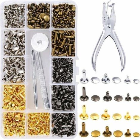 Set di 360 rivetti per pelle, rivetti a doppia testa, chiodi tubolari in metallo, 3 misure con pinza punzone, kit di 3 pezzi e strumenti di installazione per la riparazione e la decorazione di articol (1/5)