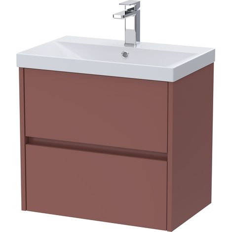 Chartley Contemporary Wall Hung 2 Drawer Vanity Basin Unit, Thin-Edge Basin, 600mm, Smoked Red (1/4)
