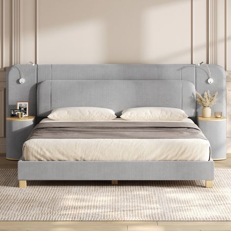 Lit adulte 180x200 cm, 2 chevets intégrés à 2 niveaux de rangement, éclairage LED, tête de lit rembourrée, lit double en velours côtelé - Gris (1/5)