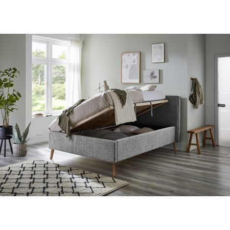 Meise Möbel Stauraumbett Riva 140x200 cm Doppelbett Bettkasten & Lattenrost (Federholzrahmen) Webstoff Mausgrau Holzfuß eichefarbig (1/5)