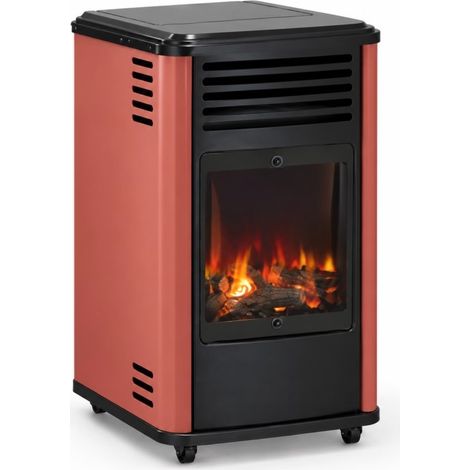 Poêle à gaz 3,4KW Rouge - Chauffage d'appoint effet Feu de bois Manhattan Sahara