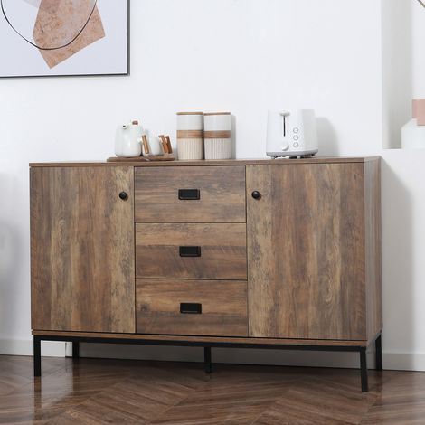 Buffet Design en Panneaux de Particules et Métal, 2 Caissons à 2 Portes avec Étagères et 3 Tiroirs, 120x39.5x77 cm (1/5)