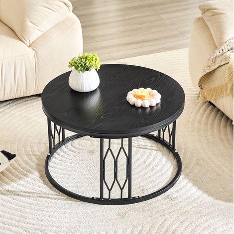 Couchtisch 70x70x40.5 cm, runde Holzoptikplatte, geometrisches Metallgestell, MDF, schwarz (1/5)