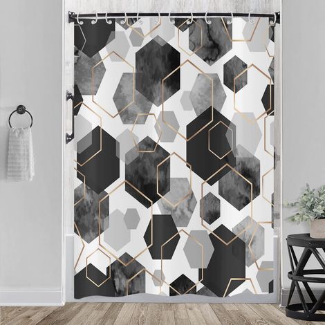 Rideau de douche noir 180x200, motif géométrique hexagonal abstrait moderne, tissu polyester imperméable et lavable, avec crochets (bt) (1/5)