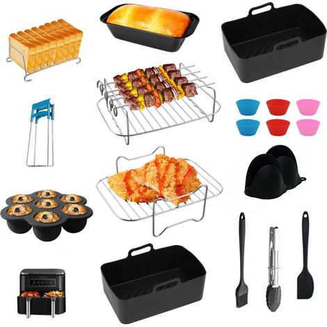 Kit accessoires friteuse à air double panier 19 pièces, paniers silicone, grilles métal, moules et ustensiles, noir (1/5)