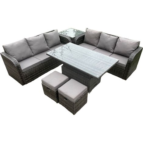 Fimous Ensemble de meubles de jardin en rotin en extérieur réglable en hauteur Table à manger et canapé avec table d'appoint 2 petits repose-pieds gris foncé Mix (1/5)