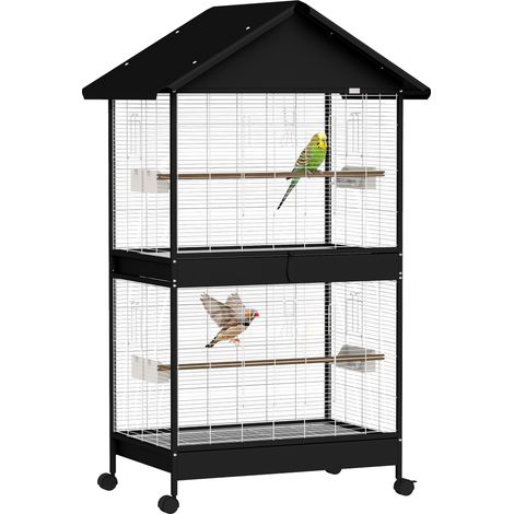 Grande volière/cage à oiseaux avec cloison amovible. 2 portes. 2 perchoirs en bois. roues. 2 plateaux. 4 mangeoires XXL (1/5)