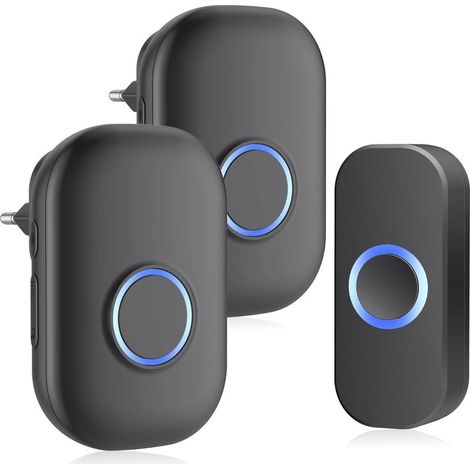 Sonnette sans Fil Exterieur Etanche,Sonette sans Fil Exterieure 2 Recepteur,IP44 Étanche Carillon Electronique,150M Sonnette de Porte,32 Mélodies au 4 Niveaux Volumes,LED Bleu,Noir (1/5)