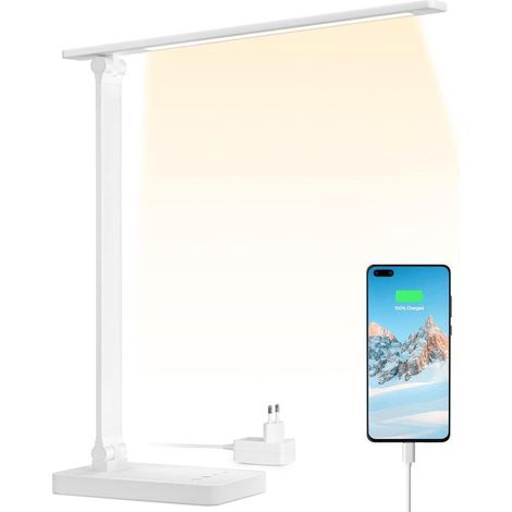 Lampe de Bureau avec Port USB 655 lm, Lampe Bureau 15W avec Adaptateur, 3 Modes de Couleur et 5 Niveaux de Luminosité Dimmable, Anti-Éblouissement, pour Lecture Travail Manucure - Blanc (1/5)