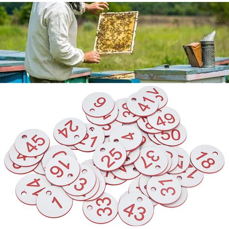Etiquetas ABS para colmenas – 50 unidades – Etiquetas redondas numeradas del 1 al 50 con orificio para apicultura y ganadería – Diámetro 3,5 cm, color blanco. (1/5)