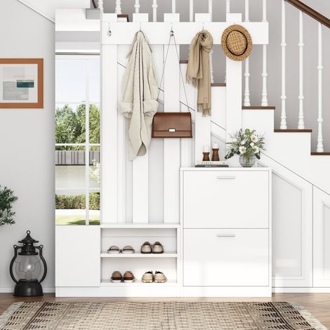 Meuble d'entrée avec miroir - 135x25x180cm - Blanc - Panneau de particules - meuble d'entrée, étagère murale et rangement compact 2 meubles à chaussures à abattant en bas - 2 placards de rangement