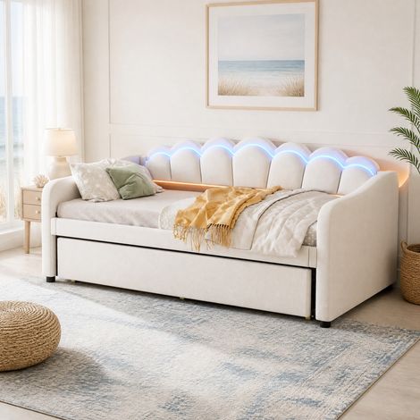 Schlafsofa, 90 x 200 cm, ausziehbar zum Bett, nutzbar als Schlafsofa oder Einzelbett (Matratze nicht im Lieferumfang enthalten), Samtbezug, Farbwechsel‑Ambientelicht, Fernbedienung (1/5)