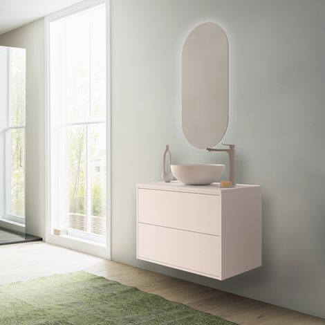 80 cm hängender Badezimmerschrank aus satiniertem weißem Holz mit Waschbecken – Olympus - 80 cm Mit Doppelsäule Lampe - Accessorio: Standard - Misura: 80 cm