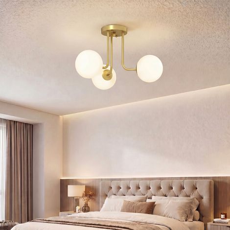 Plafonnier LED 25W, luminaire plafonnier 3 lumières avec douilles G9, abat-jour globe, 42 x 42 x 26,5 cm, doré (1/5)