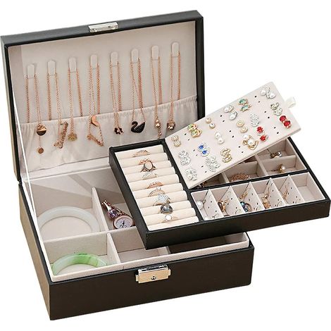 Boîte à Bijoux pour Femme, Coffret à Bijoux en Cuir Verrouillable de 2 Couches Organisateur à Bijoux, Petit Jewelry Stockage Cas Rangement pour Bagues Boucles D'oreilles Colliers (noir) (1/5)