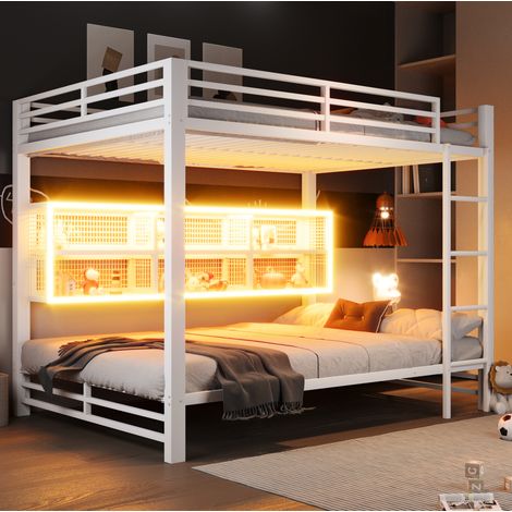 Etagenbett Metall Weiß 140x200 cm mit 6 Stauraumschränken, LED-Beleuchtung und Lattenrost (1/5)