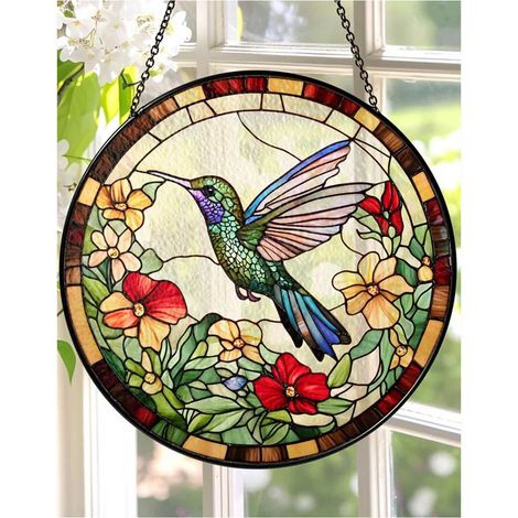 Attrape-soleil vitrail colibri 9 cm, décoration fenêtre, vitrail oiseaux