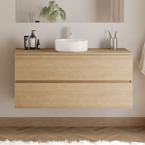 Meuble de salle de bain 120cm avec plateau et vasque à poser ronde - 2 tiroirs - sans miroir - nebraska (chêne clair) - IDA (1/5)