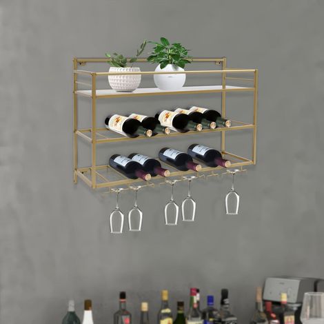 Étagère à vin murale à 3 niveaux 80 x 25 x 55 cm, support pour bouteilles de vin, étagère, armoire à vin, support pour verres à vin, verres, idéal pour les bars. (1/5)