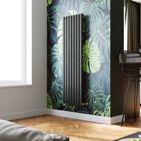 ELEGANT Vertical Column Designer Radiator Anthracite Oval Single Panel Rad 1600 x 472mm + Angled Radiator Valves (1/5)