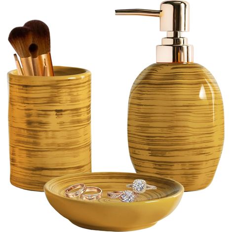 Ensemble d'accessoires de salle de bain, ensemble de 3 pièces, ensemble de bain aspect marbre distributeur de savon et porte-brosse à dents, accessoires de décoration d'appartement, kits en céramique (1/5)