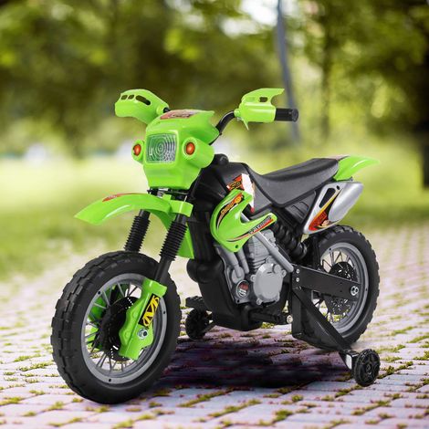 Moto électrique enfant – Cross avec batterie 6 V. phares. musiques. roues d’entraînement. 3‑6 ans. charge 25 kg. vert et noir – Premières sensations motorisées (1/5)