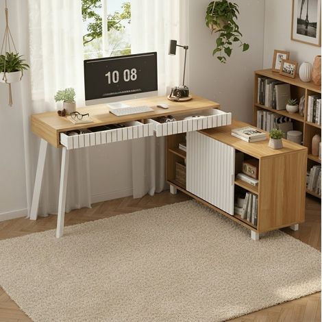 L-förmiger Schreibtisch mit Schubladen 140x120 cm MDF OKMYHOME (1/5)