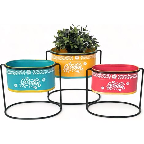 DanDiBo Blumenhocker mit Topf Metall Stehend Mehrfarbig Oval 96526 3er Set Blumenständer Blumensäule Modern Pflanzenständer Pflanzgefäß