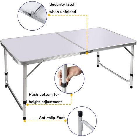 Table pliante en aluminium, réglable en hauteur en 3 vitesses, table de camping portable légère, adaptée aux pique-niques, plages, extérieur, intérieur, blanc