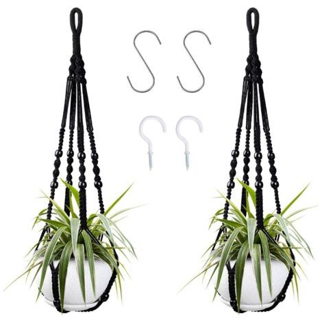 QORVA-Suspension pour plantes d'intérieur en corde de coton noire, 85 cm, avec perles en bois, pour décoration intérieure, sans crochets, 2 paires (1/5)