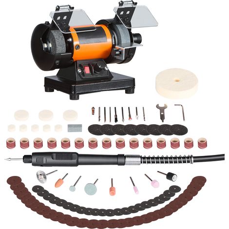 Mophorn Doppelschleifer mit einstellbarer Drehzahl von 8300–10600 U/min, ausgestattet mit Schleif-, Faser- und Wollscheiben sowie einem 100-teiligen Zubehörset. Ideal für Schmuck, Holz, Metall (1/5)