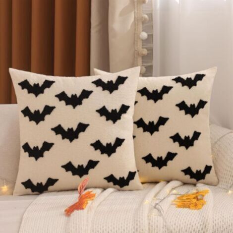 Housse de coussin Halloween, 45 x 45 cm, lin, motif chauve-souris, pour canapé, salon, jardin, maison, extérieur, décoration d'Halloween, lot de 2 (1/4)