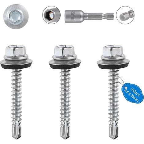 Lot de 150 Vis autoperceuse métal Ø4.8x35 mm Tête de rondelle hexagonale peinte vis en tôle Vis autoperceuses peintes avec rondelles EPDM et clé à douille M8 pour plus fixation (Argenté) (1/5)