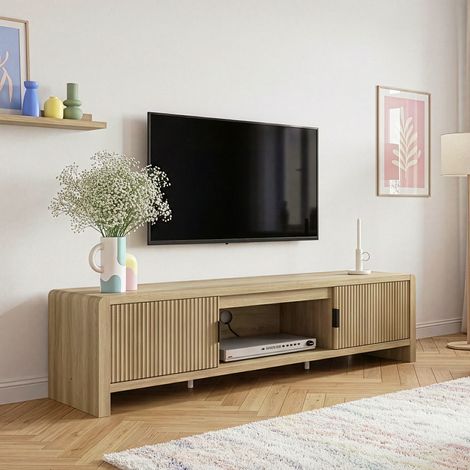 Mobile TV Lukkodso con 2 Ante e Vano Centrale Aperto 150x40x40 cm Effetto Rovere Medio Chiaro [en.casa]