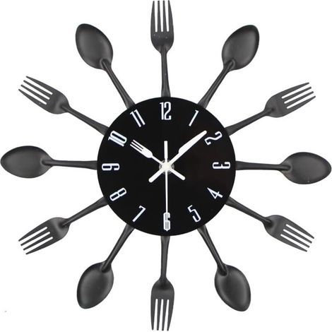 Reloj de pared para cocina, 3D desmontable, moderno y creativo, cubiertos de cocina, cuchara, tenedor, reloj de pared, espejo, adhesivo de pared, decoración del hogar (negro) (1/4)