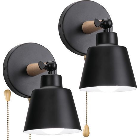 Applique da parete vintage nera in metallo e legno con portalampada E27, rotazione di 180°, interruttore integrato, ideale per camera da letto (1/5)