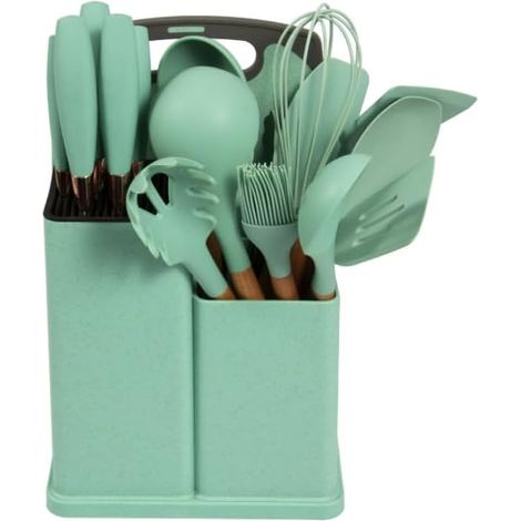 Ensemble de 19 ustensiles de cuisine en silicone, vert, avec tube de rangement et support de couteaux, résistant à la chaleur pour casseroles antiadhésives (1/5)