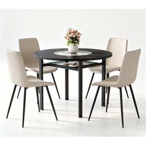 Set tavolo rotondo 100 cm con 4 sedie in PU grigio caldo e vetro (1/5)