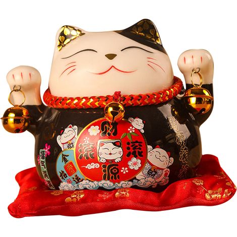 Tirelire Chat Porte-Bonheur 11,5 cm, adorable et raffinée, en céramique noire, symbole de chance et de prospérité. Décoration de bureau. (1/5)