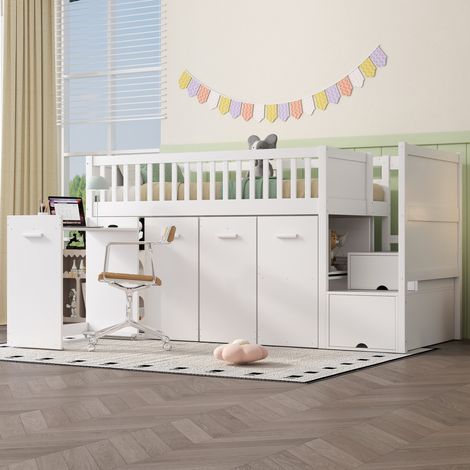 Lit mezzanine enfant 90x200 cm avec bureau coulissant, 2 armoires, rangements, escalier à 2 casiers et garde-corps, pin et MDF, blanc (1/5)