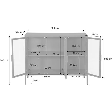 sweeek - Industrielles Sideboard aus Metall und gehärtetem Glas mit 3 Türen, 100 cm