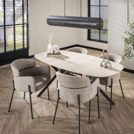 M&S – Table de salle à manger 180x90x76 cm – Plateau en céramique effet travertin – Pieds en métal anthracite – Design élégant pour réceptions