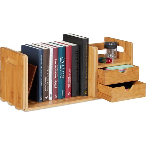Relaxdays Organiseur de bureau, Organisateur en bambou, bibliothèque, 2 tiroirs, fournitures, HLP 21x80,5x19 cm, nature