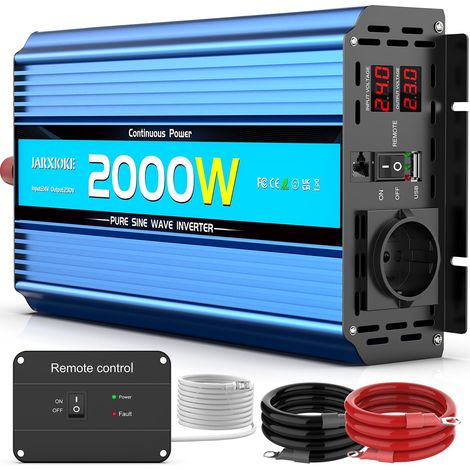 Convertisseur de tension sinusoïdale pure 2000 W 24 V vers 230 V avec télécommande, prises CA, ports USB et écran LED pour camping-car (1/5)