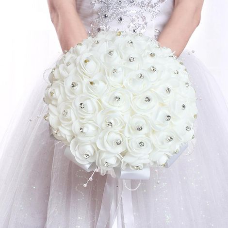Bouquet de mariée blanc, bouquet de roses artificielles avec perles de cristal, pour mariage, fiançailles et décoration intérieure (1/4)