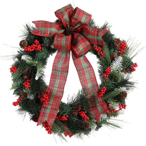 Guirlande De Noël Artificielle - 45 Cm - Aiguilles De Pin - Baies Rouges - Nœud En Plaid Buffalo - Boules De Décoration - Pour Porte Extérieure Ou Mur Intérieur - 1 Pièce (1/5)