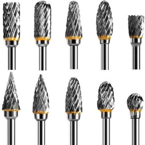Set di frese a doppio taglio in acciaio al carburo di tungsteno per utensili rotanti, 10 pezzi, gambo da 1/8" per progetti fai da te, intaglio del legno, lucidatura dei metalli, incisione e foratura.